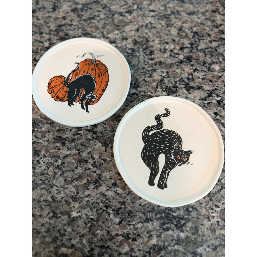 Threshold Halloween Stoneware Appetizer Plates Set of 2 Black Cat Pumpkin Cream